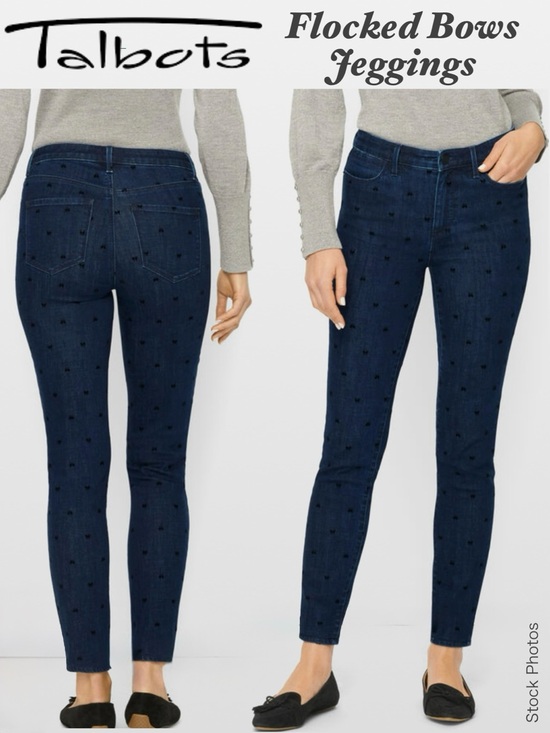 Talbots Denim - TALBOTS JEGGINGS - DARK DENIM WASH FLOCKED BOWS ZIPPER CLOSURE ANKLE LENGTH (6)